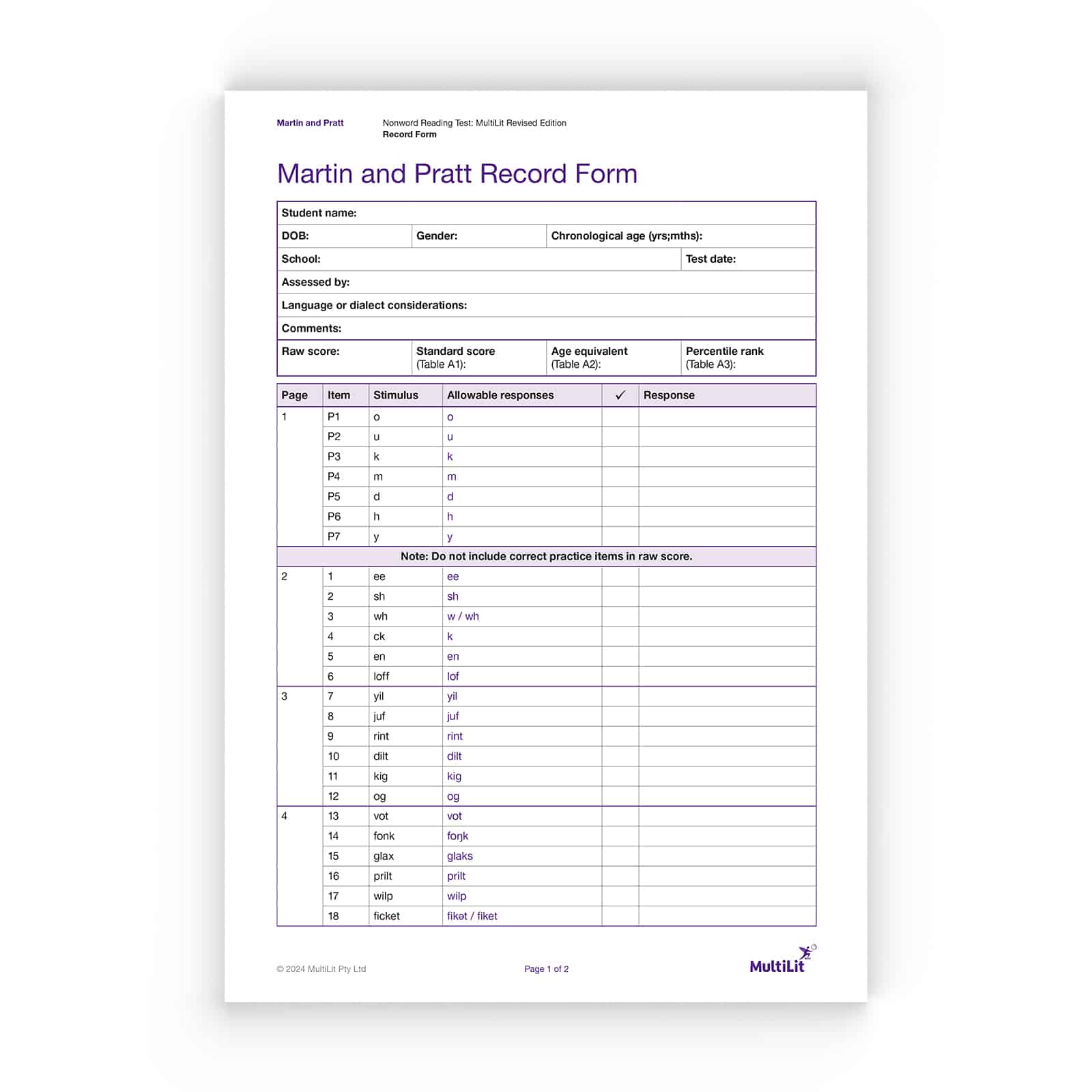 Martin and Pratt Nonword Reading Test (MultiLit Revised Edition) Record Forms